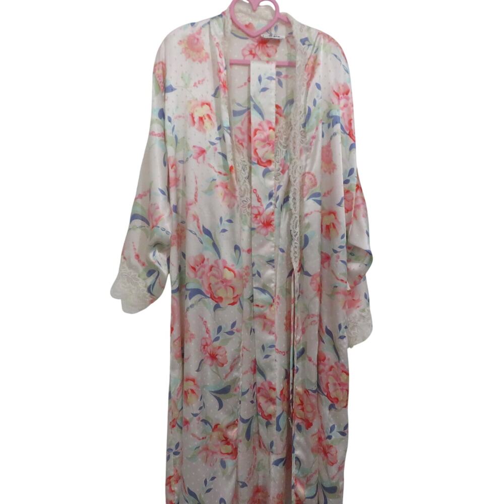 Josie Women Sz L Off White Pink Blue Floral Nightie Slip Matching Robe Satin Set